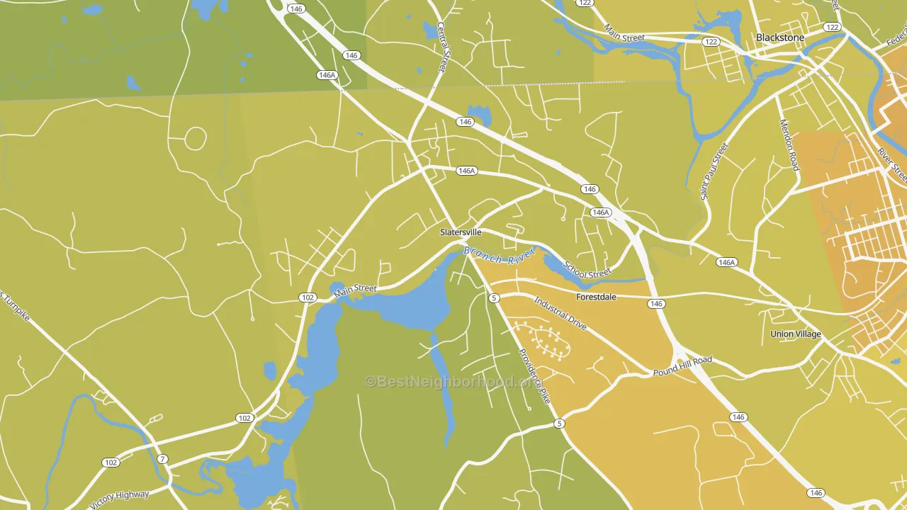 Map of the best neighborhoods in the 02876 area, with better matches in green and worse matches in red