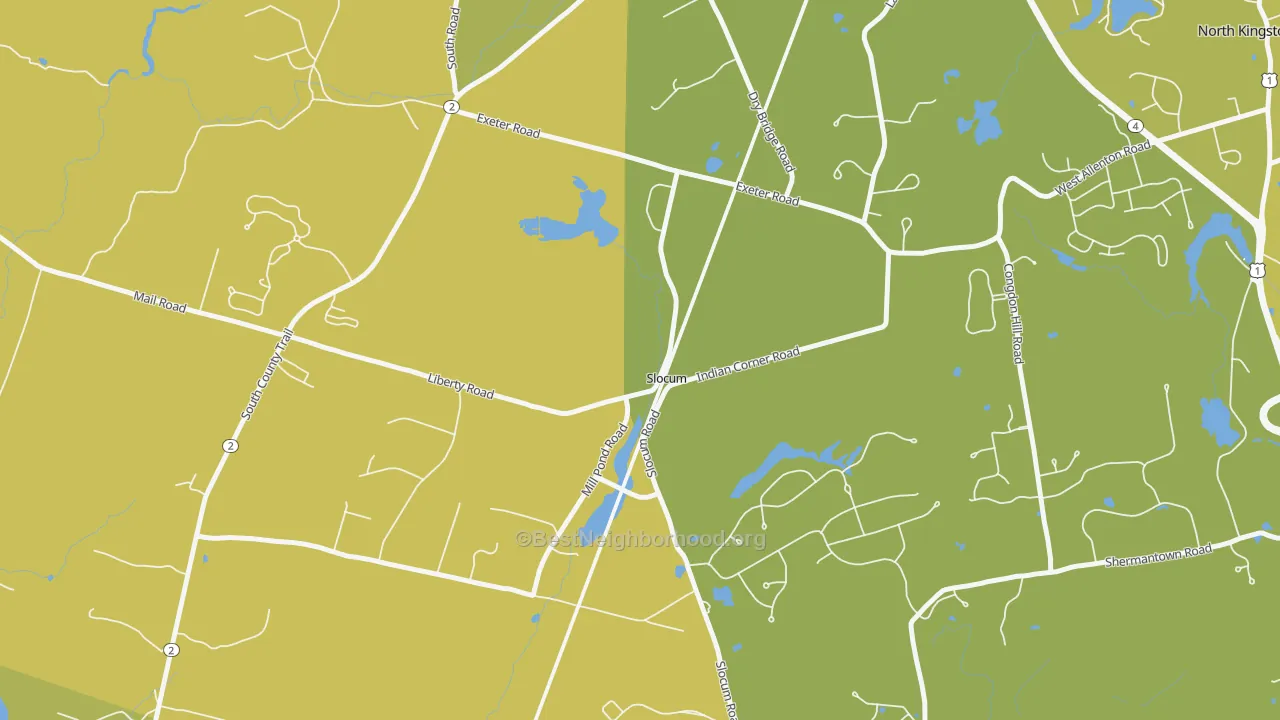 Map of the best neighborhoods in the 02877 area, with better matches in green and worse matches in red