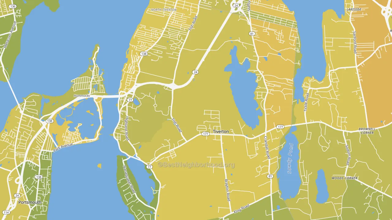 Map of the best neighborhoods in the 02878 area, with better matches in green and worse matches in red
