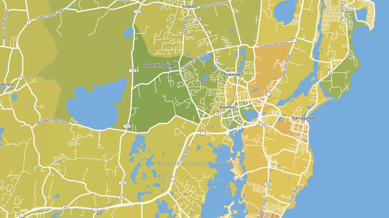 Map of the best neighborhoods in the 02879 area, with better matches in green and worse matches in red