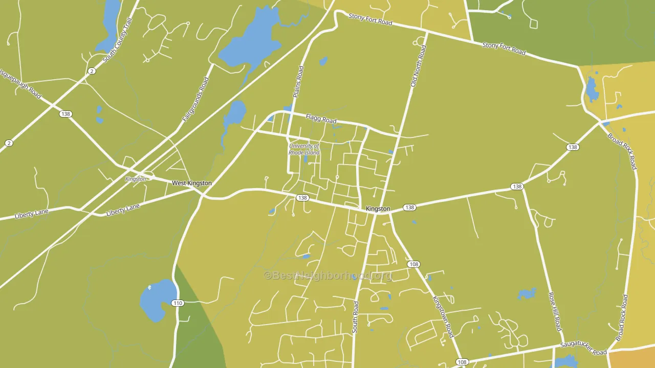 Map of the best neighborhoods in the 02881 area, with better matches in green and worse matches in red