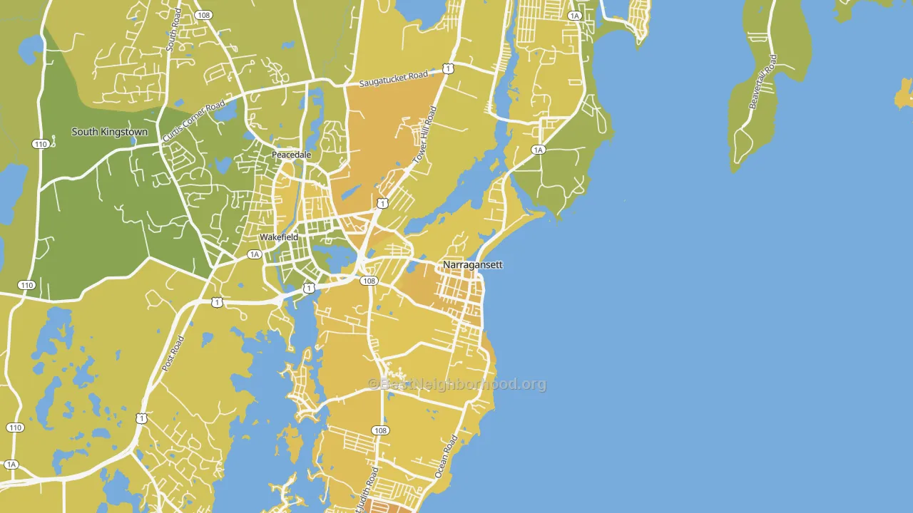 Map of the best neighborhoods in the 02882 area, with better matches in green and worse matches in red