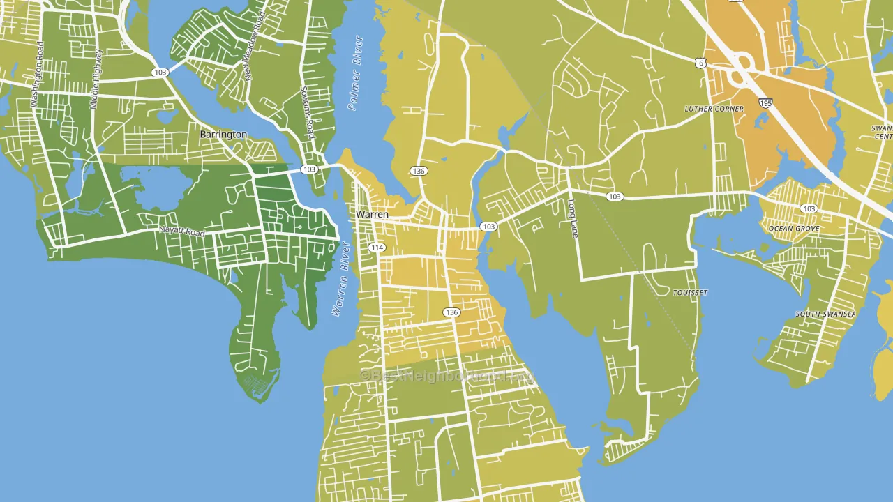 Map of the best neighborhoods in the 02885 area, with better matches in green and worse matches in red