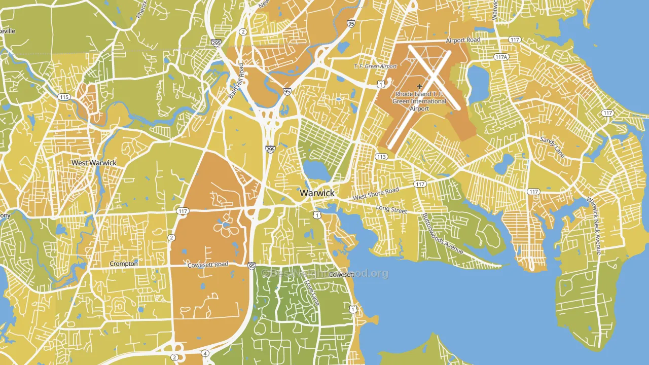 Map of the best neighborhoods in the 02886 area, with better matches in green and worse matches in red