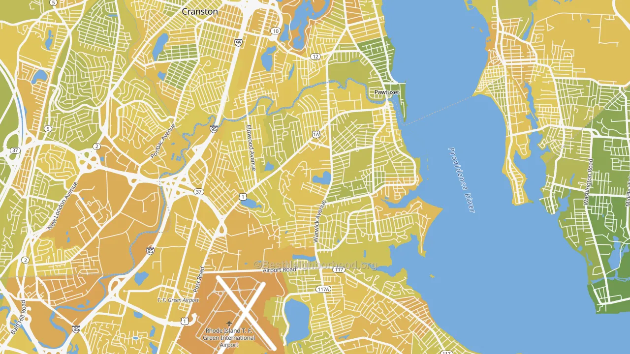 Map of the best neighborhoods in the 02888 area, with better matches in green and worse matches in red