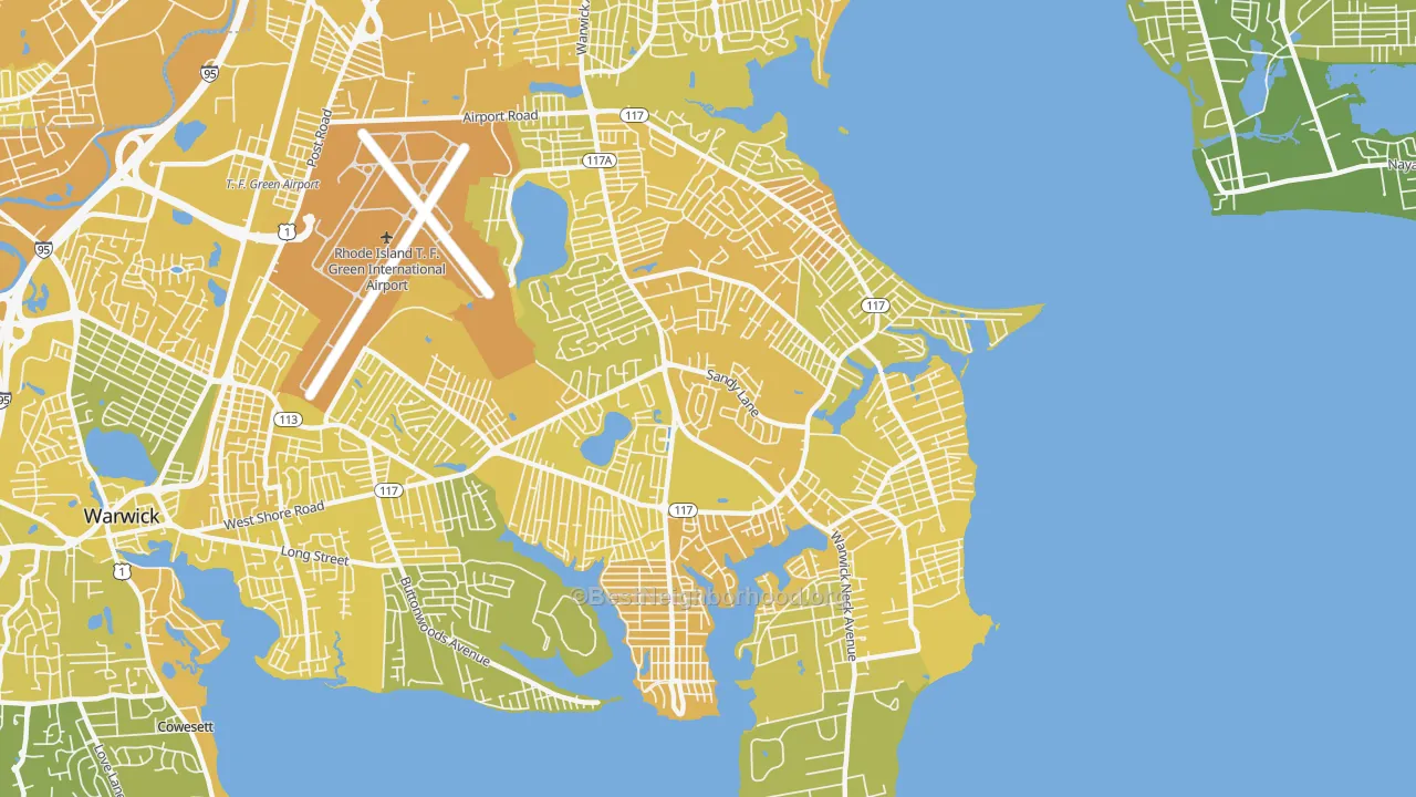 Map of the best neighborhoods in the 02889 area, with better matches in green and worse matches in red