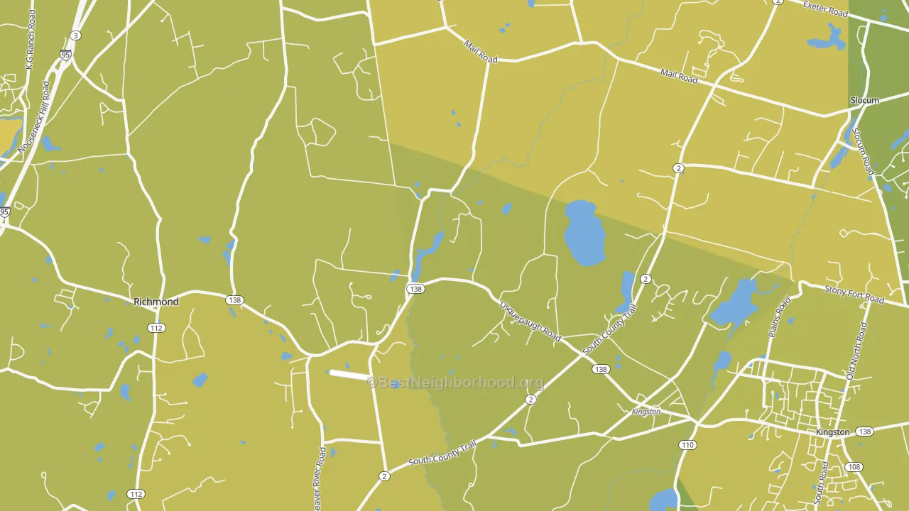 Map of the best neighborhoods in the 02892 area, with better matches in green and worse matches in red