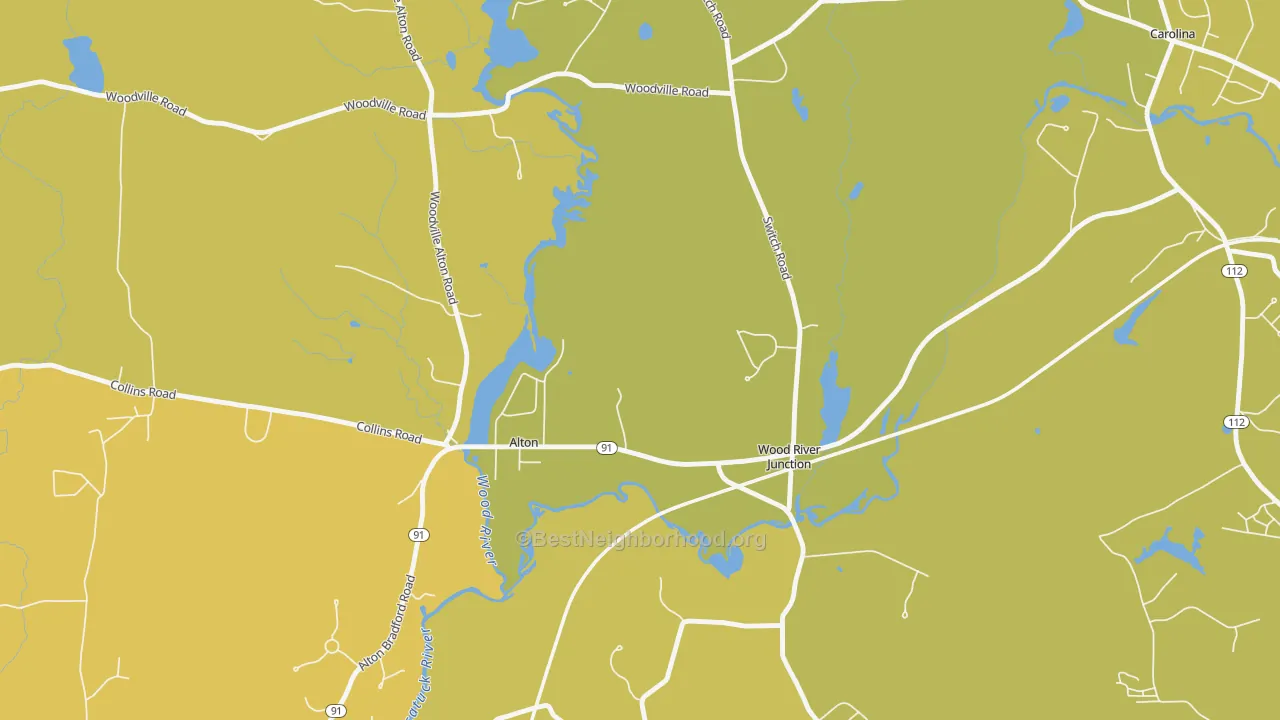 Map of the best neighborhoods in the 02894 area, with better matches in green and worse matches in red