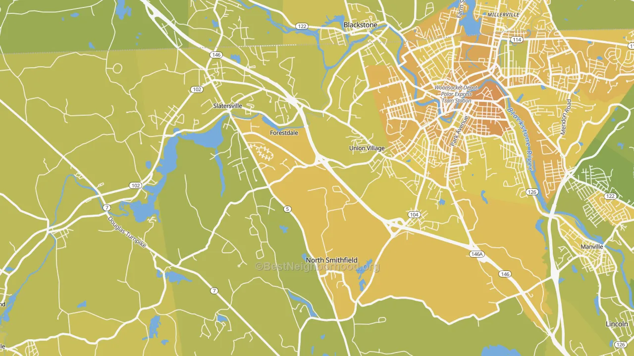Map of the best neighborhoods in the 02896 area, with better matches in green and worse matches in red