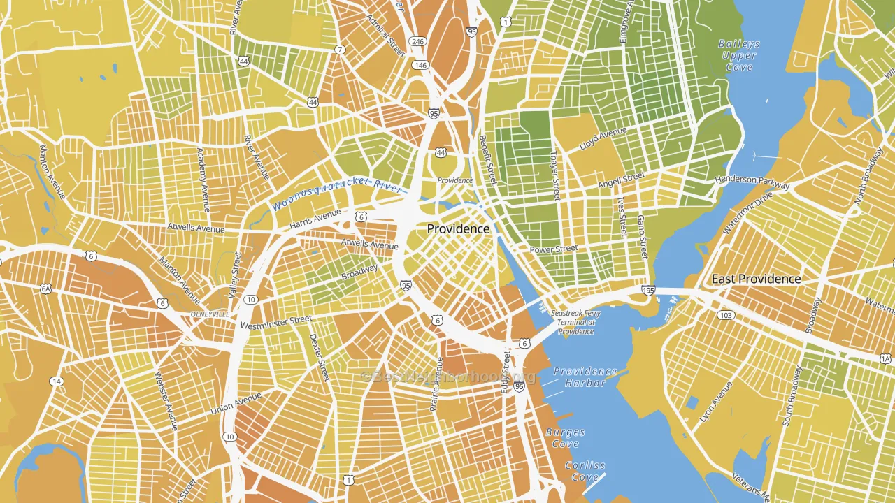 Map of the best neighborhoods in the 02903 area, with better matches in green and worse matches in red