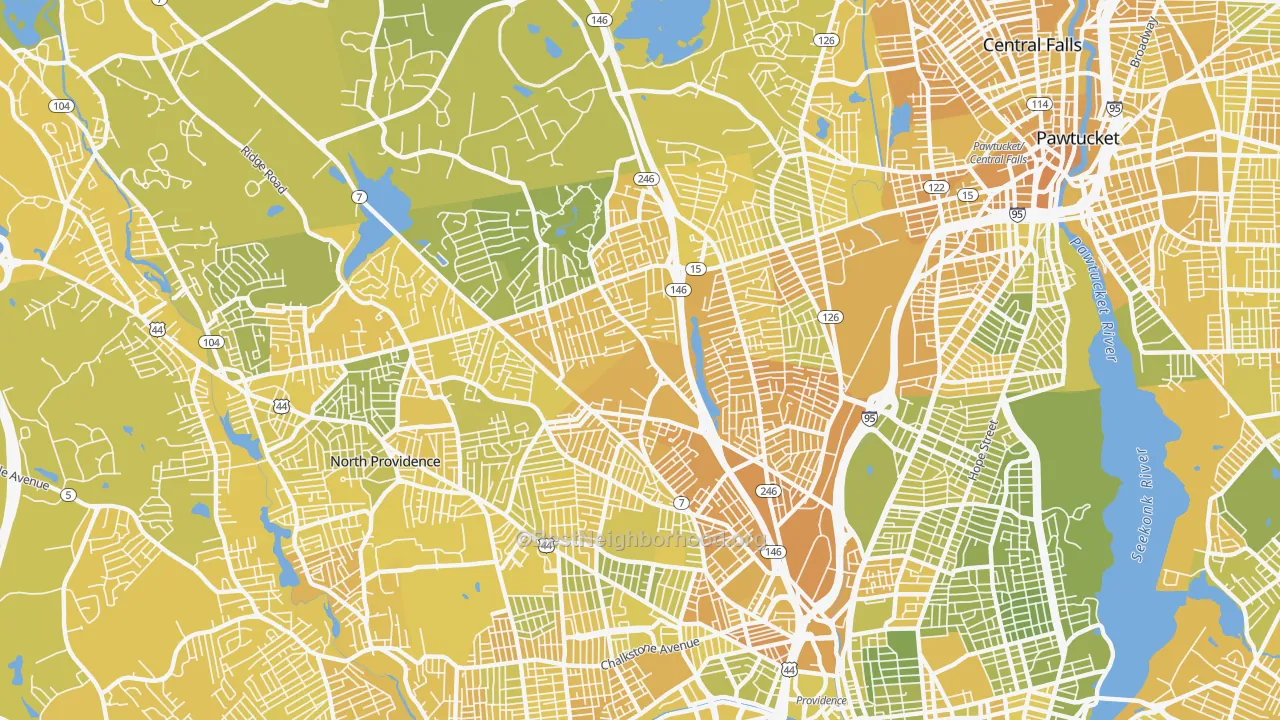 Map of the best neighborhoods in the 02904 area, with better matches in green and worse matches in red
