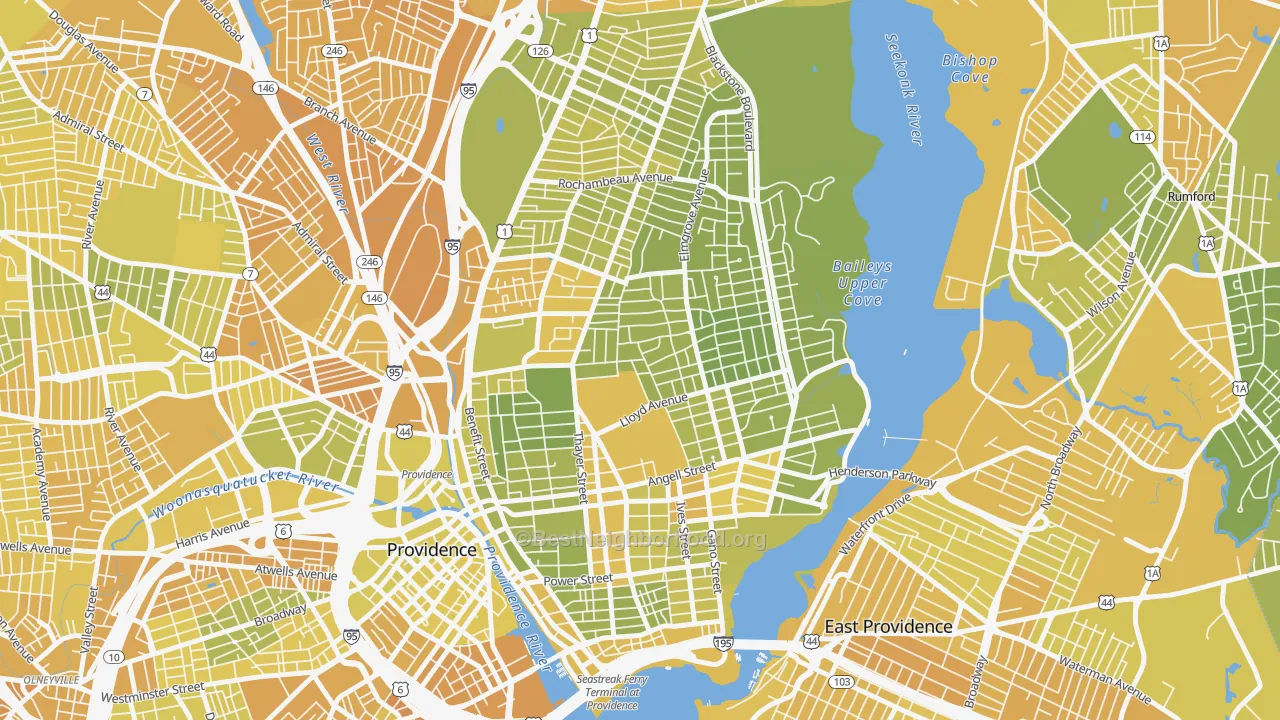 Map of the best neighborhoods in the 02906 area, with better matches in green and worse matches in red
