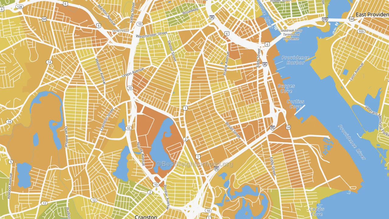 Map of the best neighborhoods in the 02907 area, with better matches in green and worse matches in red