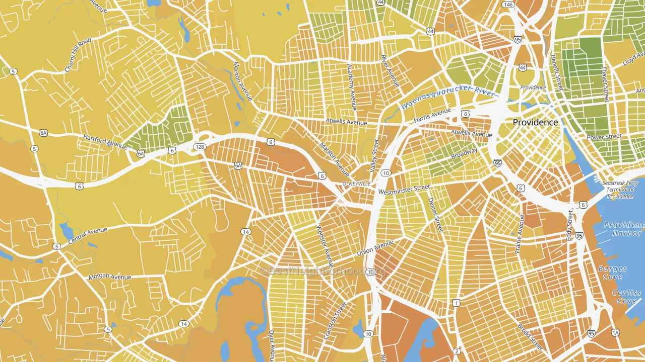 Map of the best neighborhoods in the 02909 area, with better matches in green and worse matches in red