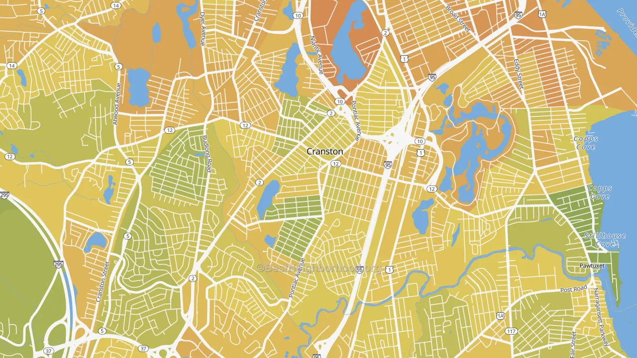 Map of the best neighborhoods in the 02910 area, with better matches in green and worse matches in red