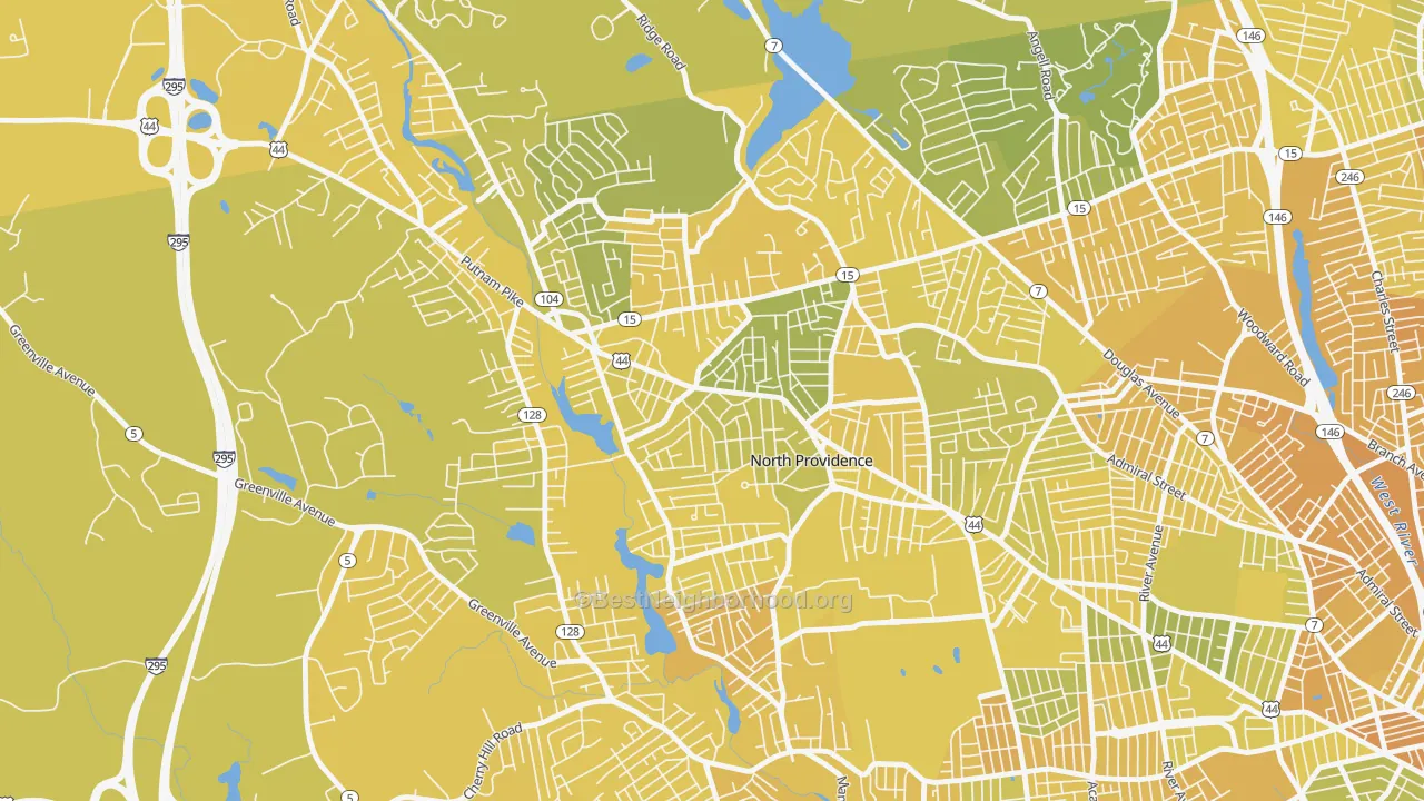 Map of the best neighborhoods in the 02911 area, with better matches in green and worse matches in red