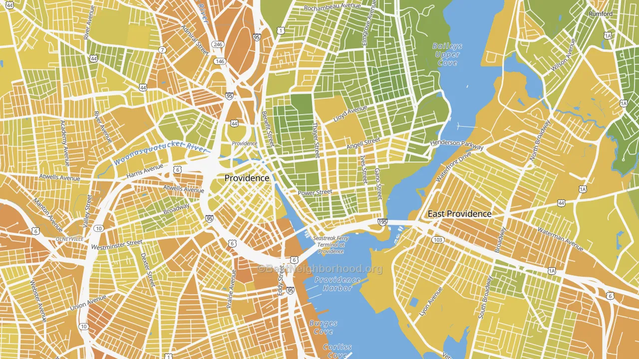 Map of the best neighborhoods in the 02912 area, with better matches in green and worse matches in red