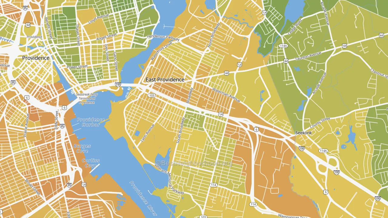 Map of the best neighborhoods in the 02914 area, with better matches in green and worse matches in red