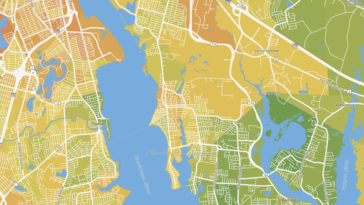 Map of the best neighborhoods in the 02915 area, with better matches in green and worse matches in red