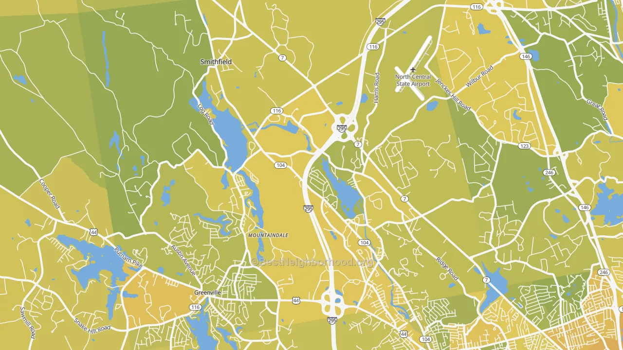 Map of the best neighborhoods in the 02917 area, with better matches in green and worse matches in red