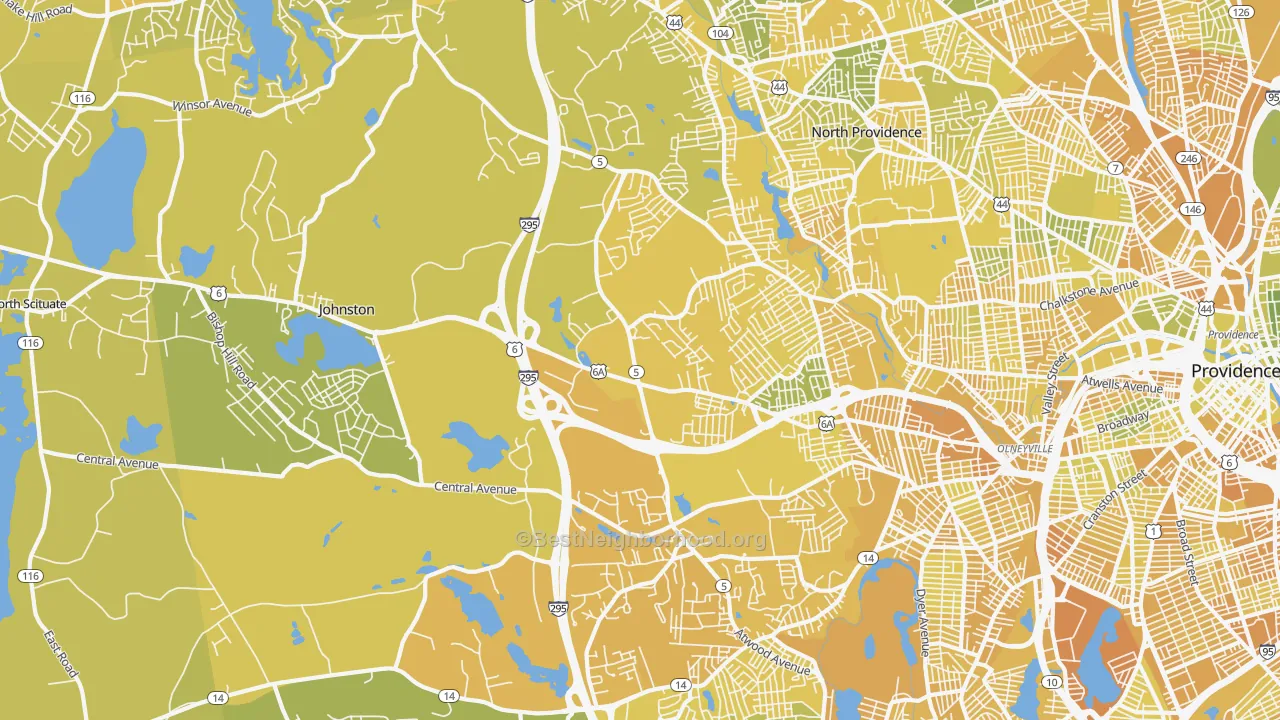 Map of the best neighborhoods in the 02919 area, with better matches in green and worse matches in red
