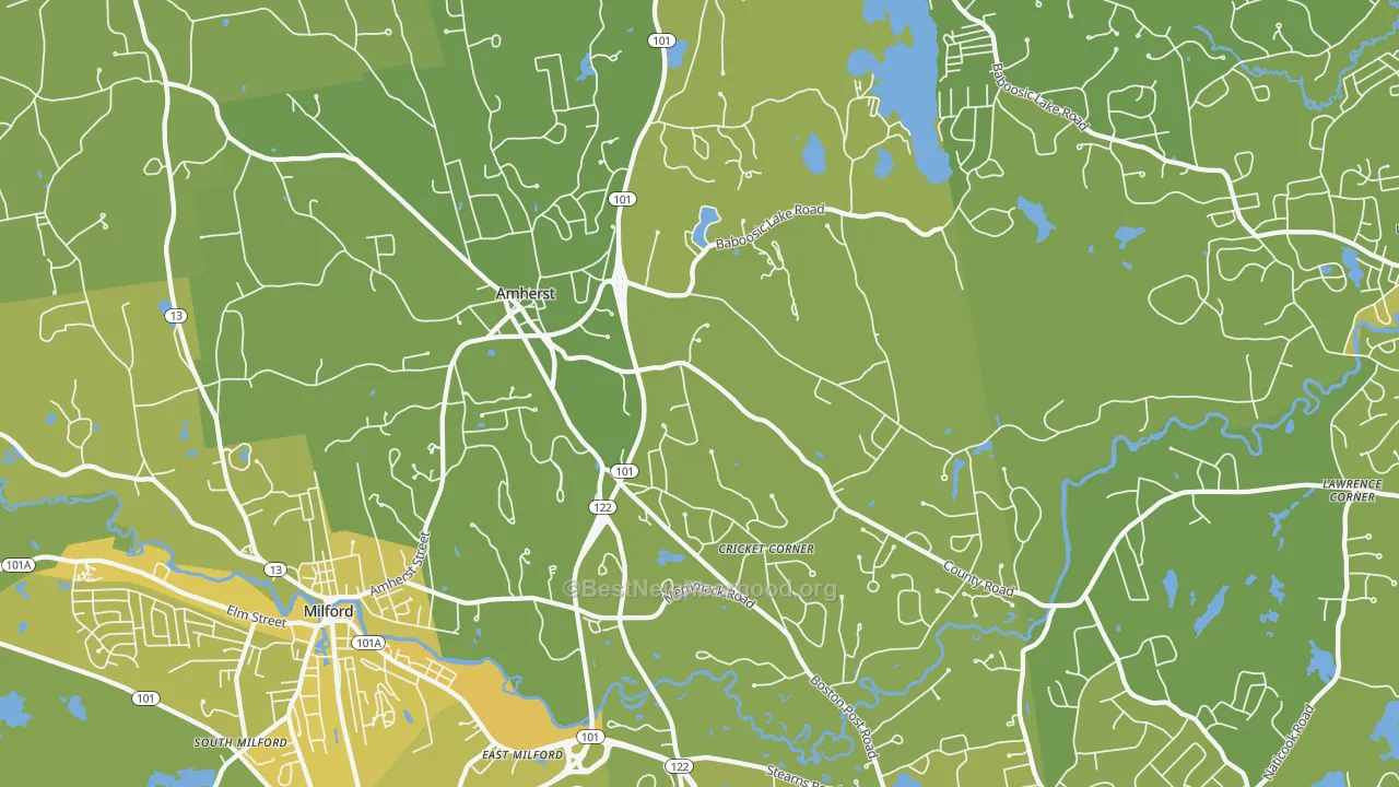 Map of the best neighborhoods in the 03031 area, with better matches in green and worse matches in red