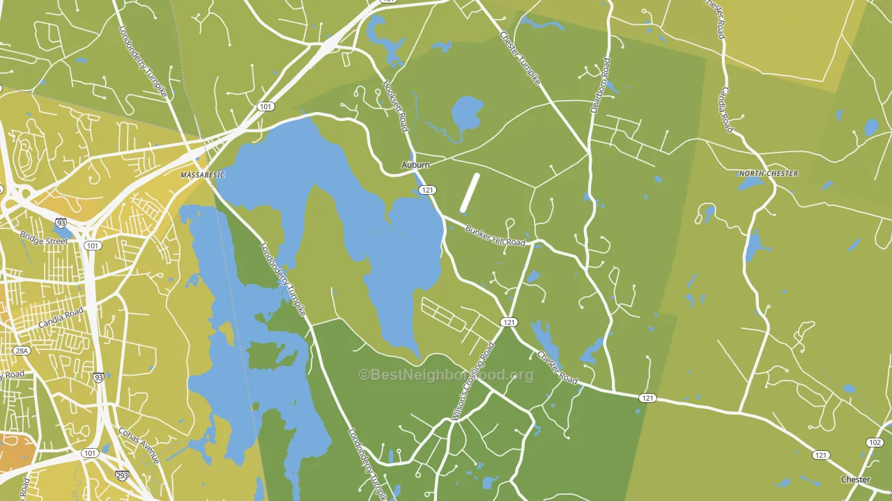 Map of the best neighborhoods in the 03032 area, with better matches in green and worse matches in red