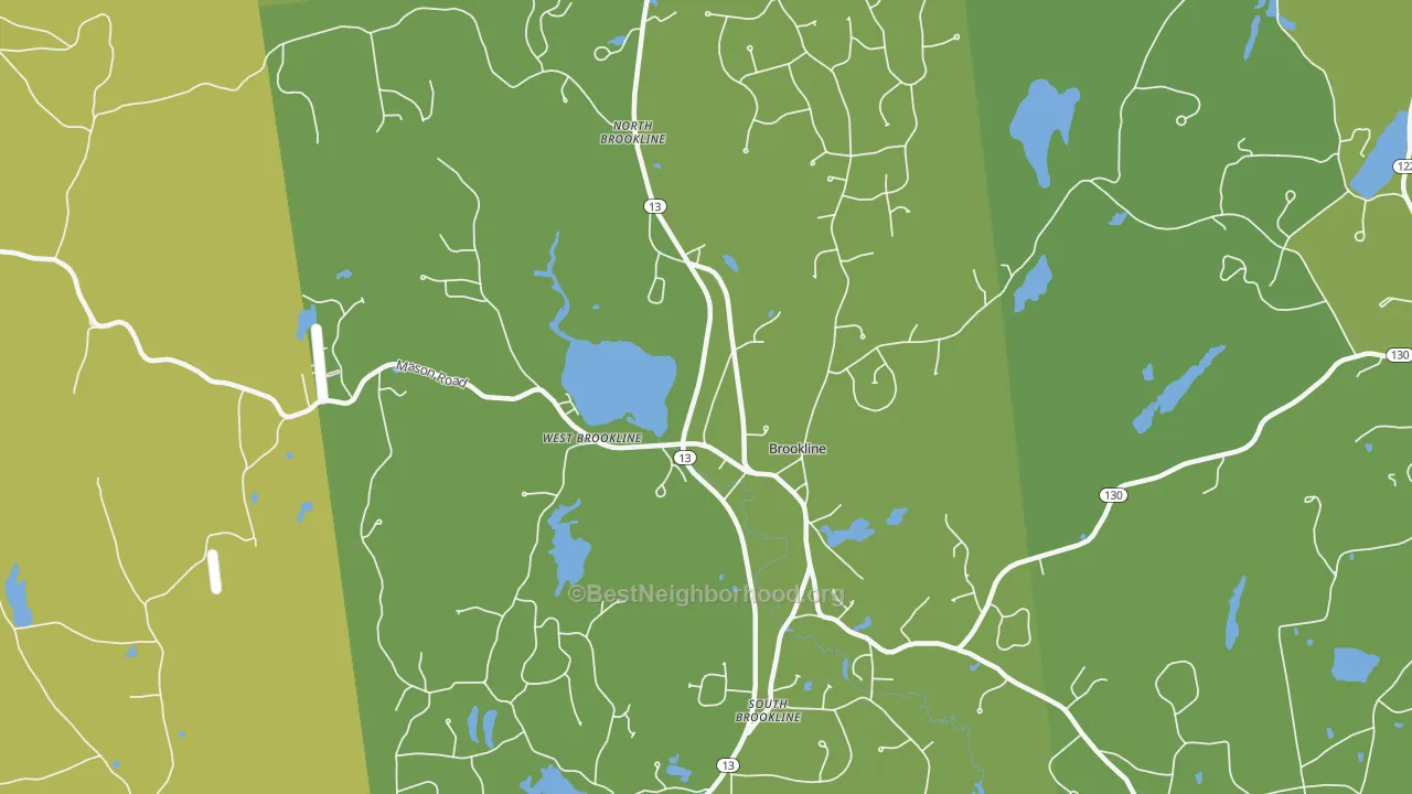 Map of the best neighborhoods in the 03033 area, with better matches in green and worse matches in red