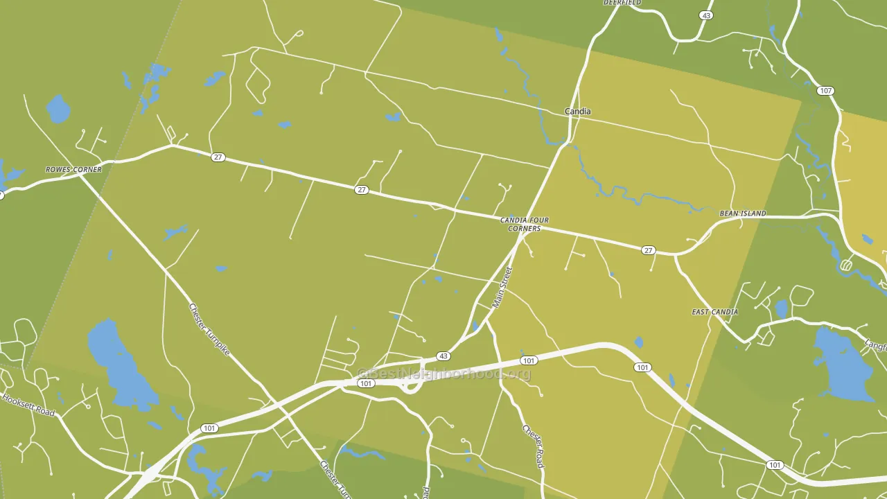 Map of the best neighborhoods in the 03034 area, with better matches in green and worse matches in red