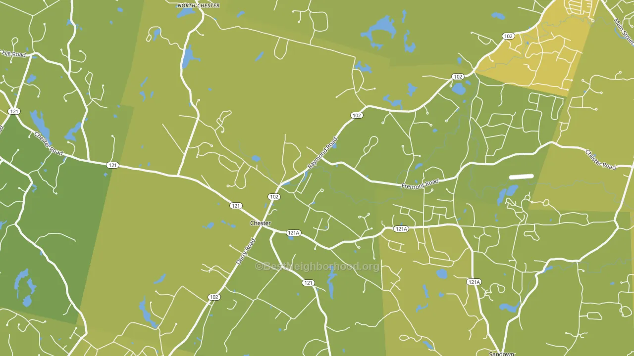 Map of the best neighborhoods in the 03036 area, with better matches in green and worse matches in red