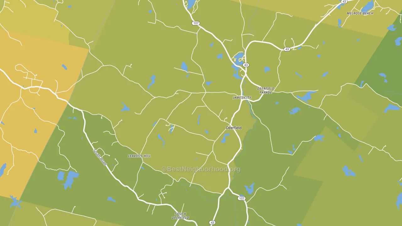 Map of the best neighborhoods in the 03037 area, with better matches in green and worse matches in red