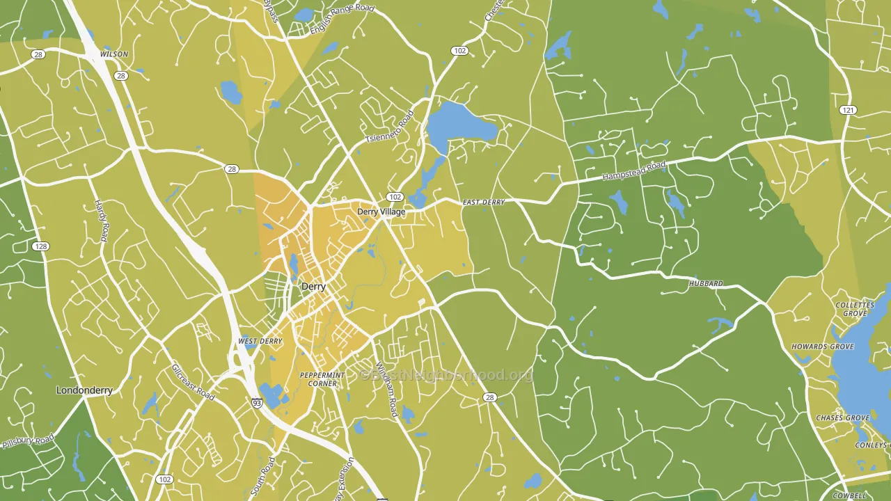 Map of the best neighborhoods in the 03038 area, with better matches in green and worse matches in red