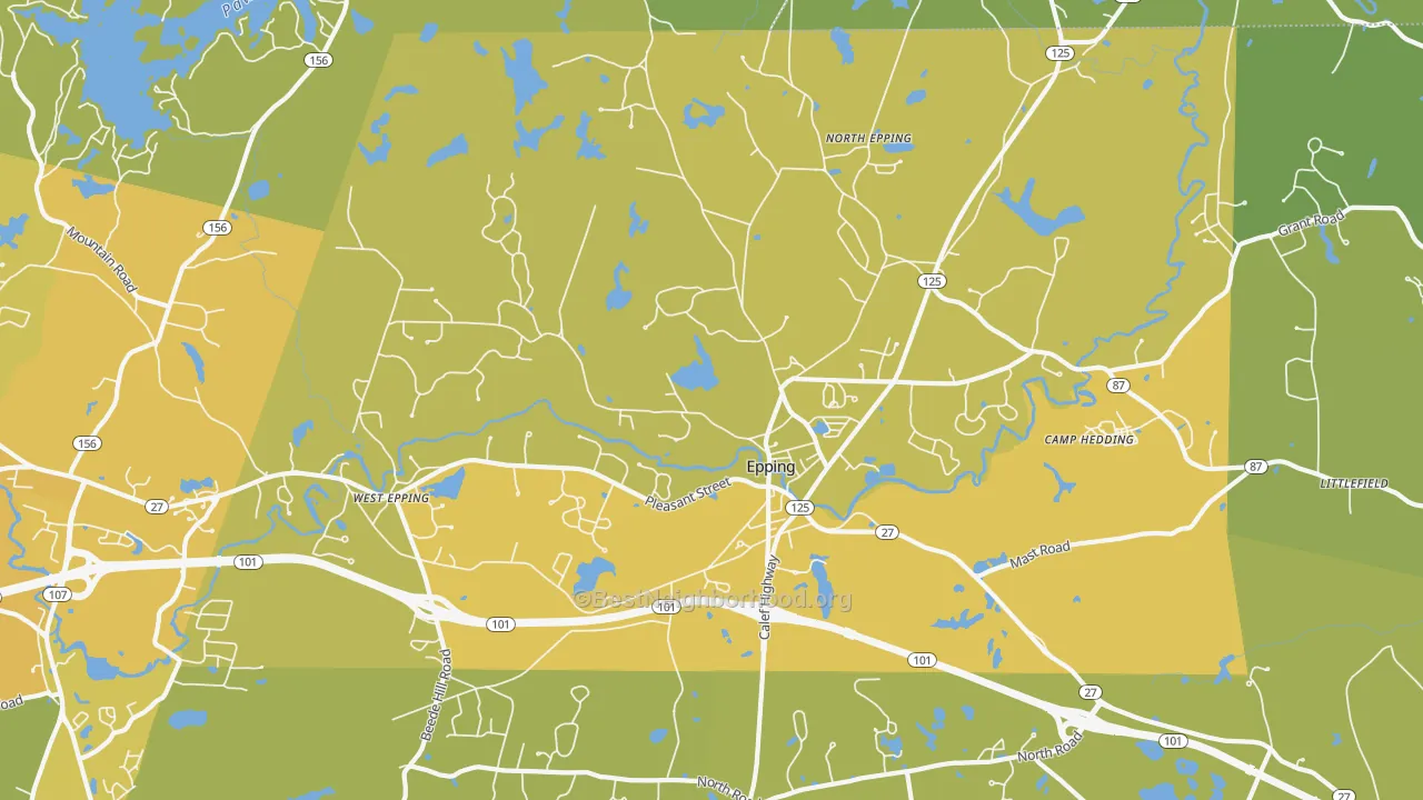 Map of the best neighborhoods in the 03042 area, with better matches in green and worse matches in red