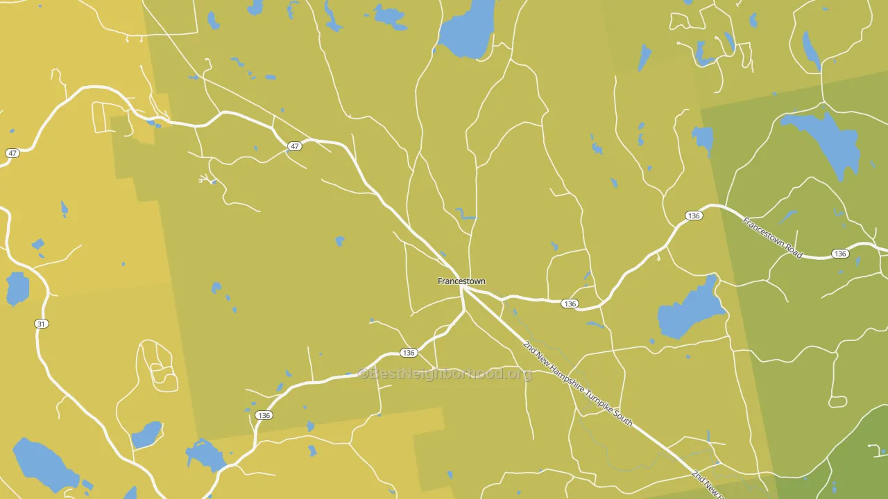 Map of the best neighborhoods in the 03043 area, with better matches in green and worse matches in red