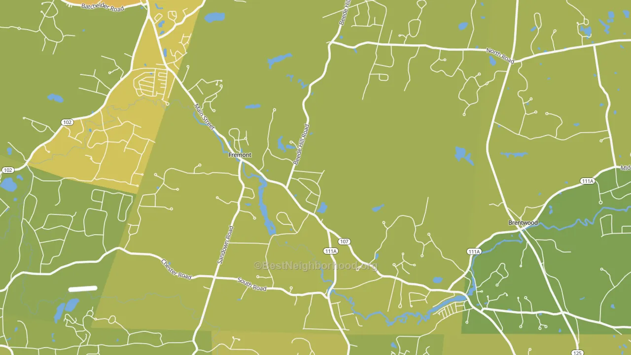 Map of the best neighborhoods in the 03044 area, with better matches in green and worse matches in red