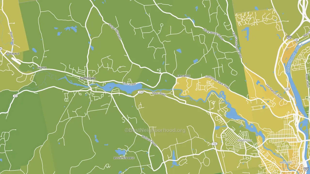 Map of the best neighborhoods in the 03045 area, with better matches in green and worse matches in red
