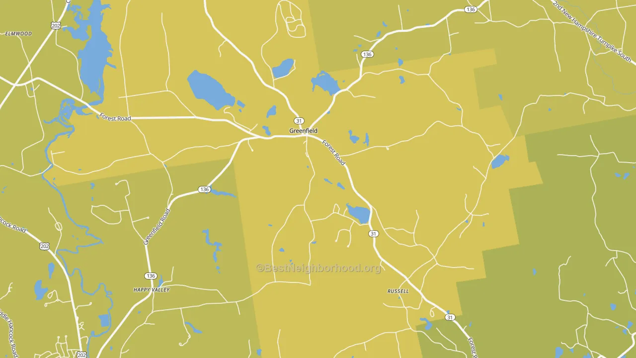 Map of the best neighborhoods in the 03047 area, with better matches in green and worse matches in red