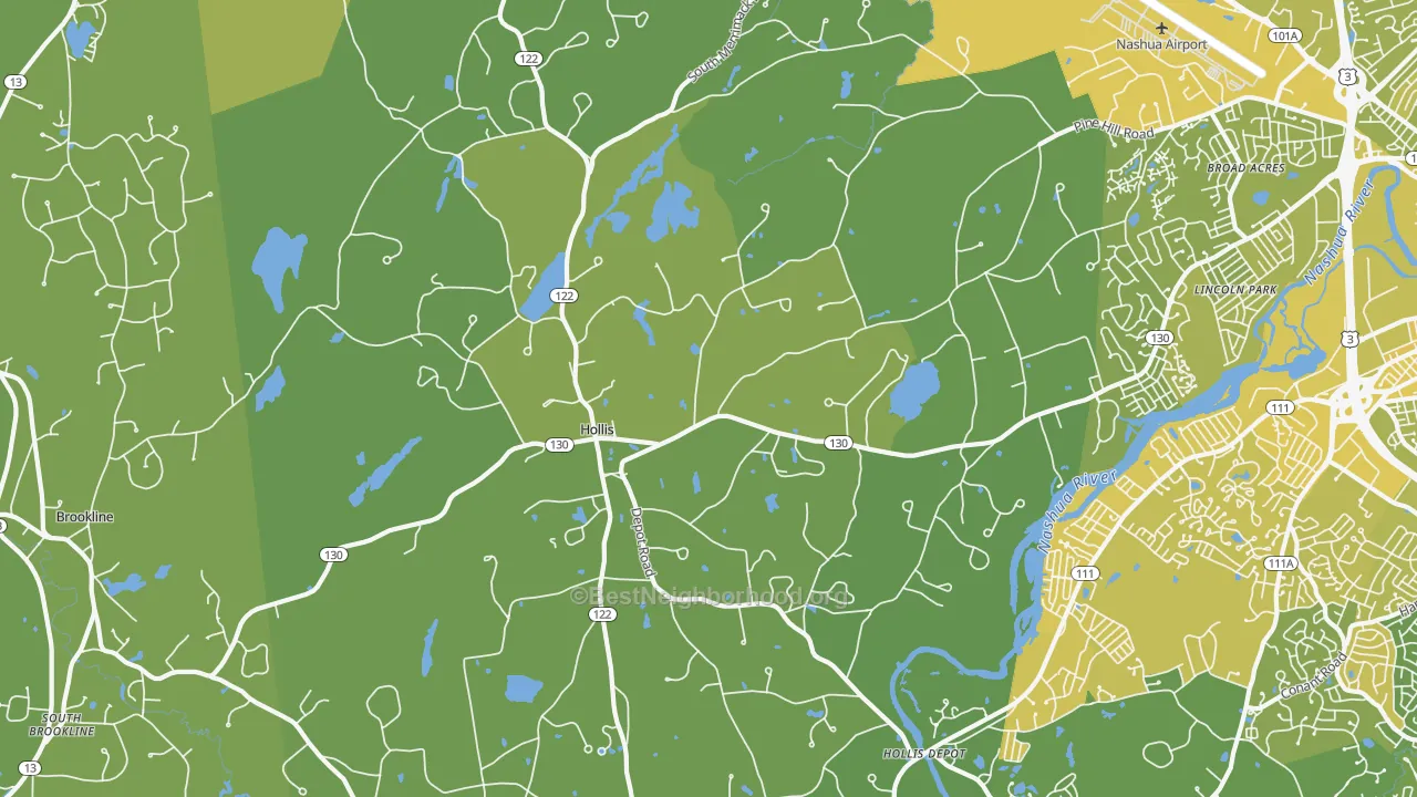 Map of the best neighborhoods in the 03049 area, with better matches in green and worse matches in red
