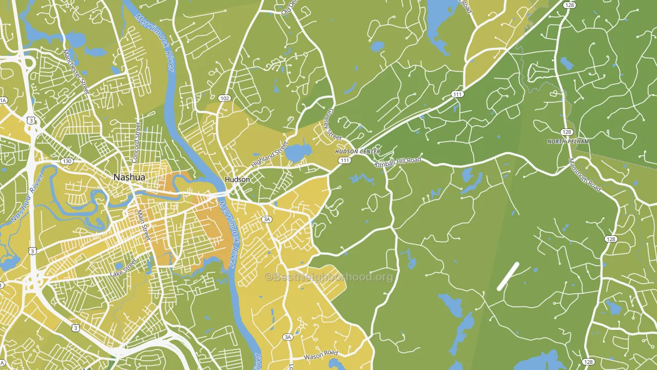 Map of the best neighborhoods in the 03051 area, with better matches in green and worse matches in red