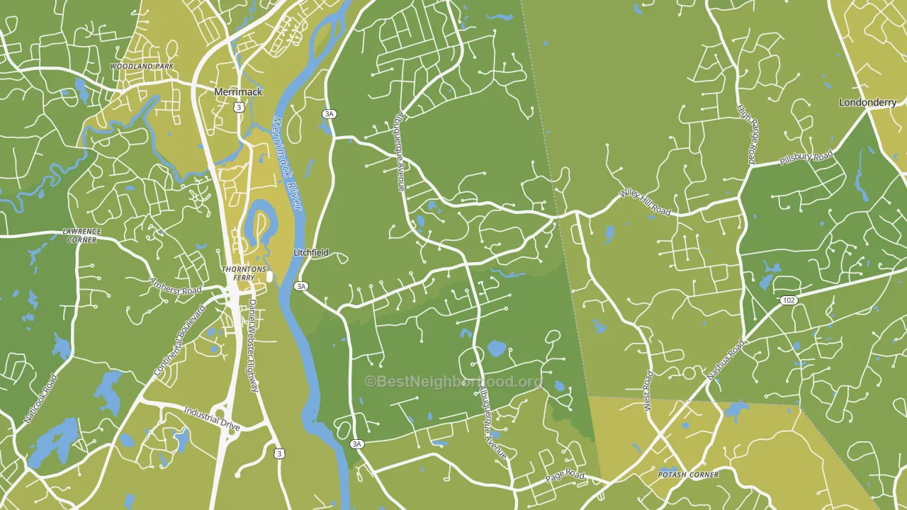 Map of the best neighborhoods in the 03052 area, with better matches in green and worse matches in red