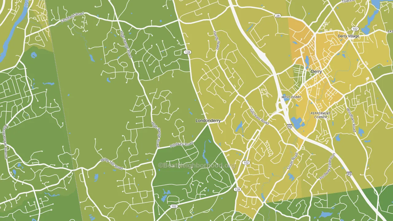 Map of the best neighborhoods in the 03053 area, with better matches in green and worse matches in red