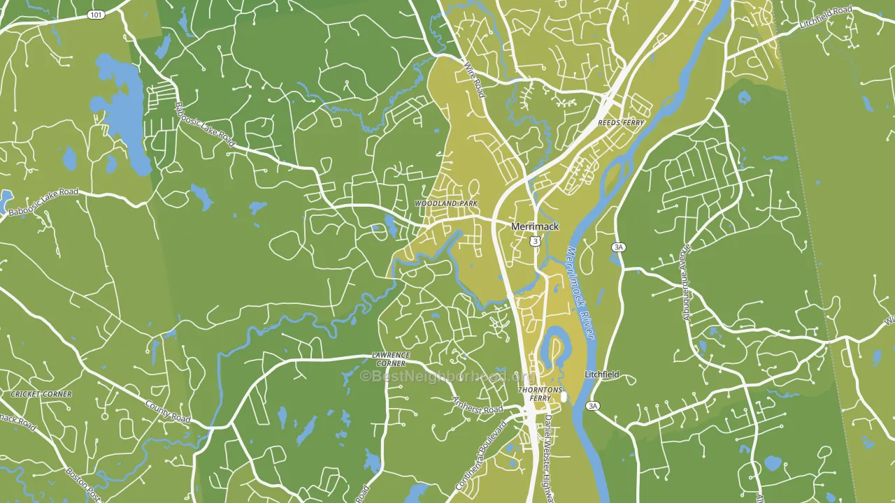 Map of the best neighborhoods in the 03054 area, with better matches in green and worse matches in red