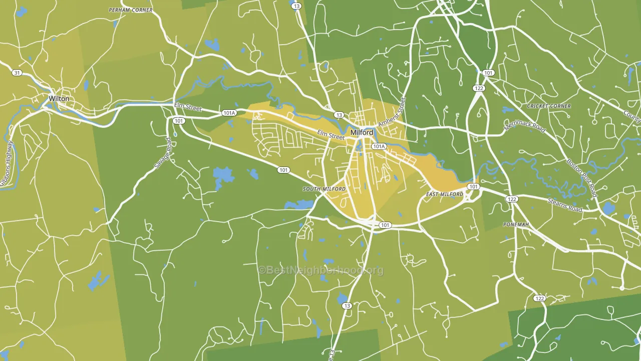 Map of the best neighborhoods in the 03055 area, with better matches in green and worse matches in red