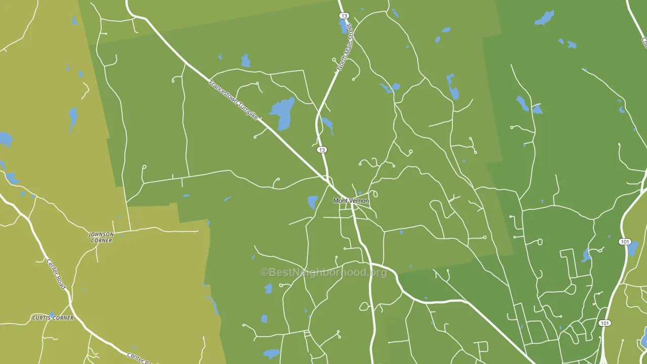 Map of the best neighborhoods in the 03057 area, with better matches in green and worse matches in red