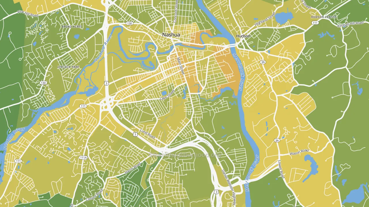 Map of the best neighborhoods in the 03060 area, with better matches in green and worse matches in red