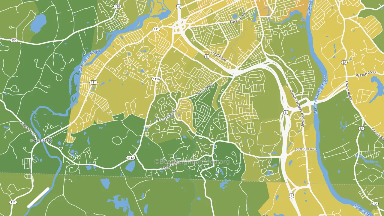 Map of the best neighborhoods in the 03062 area, with better matches in green and worse matches in red