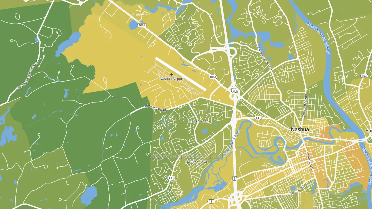 Map of the best neighborhoods in the 03063 area, with better matches in green and worse matches in red