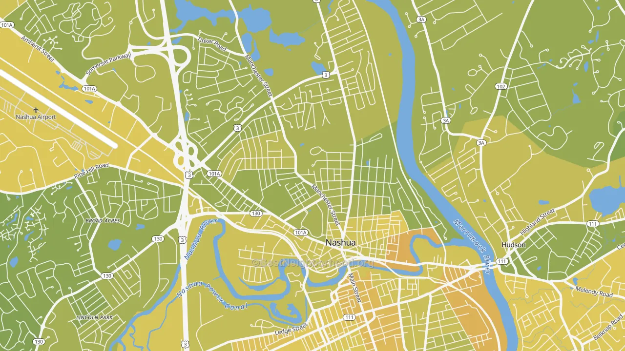 Map of the best neighborhoods in the 03064 area, with better matches in green and worse matches in red