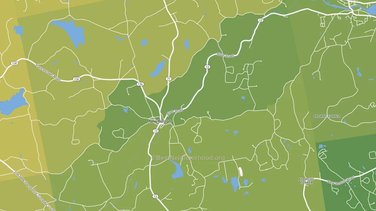 Map of the best neighborhoods in the 03070 area, with better matches in green and worse matches in red