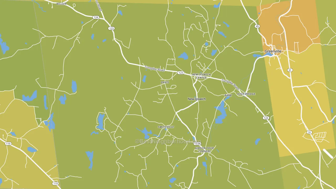 Map of the best neighborhoods in the 03071 area, with better matches in green and worse matches in red